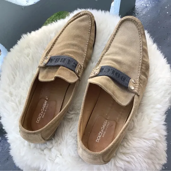Dolce &amp; Gabbana Mens Suede Leather Loafers Driving Shoes Signature Top Ribbon