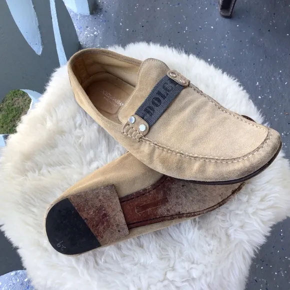 Dolce &amp; Gabbana Mens Suede Leather Loafers Driving Shoes Signature Top Ribbon