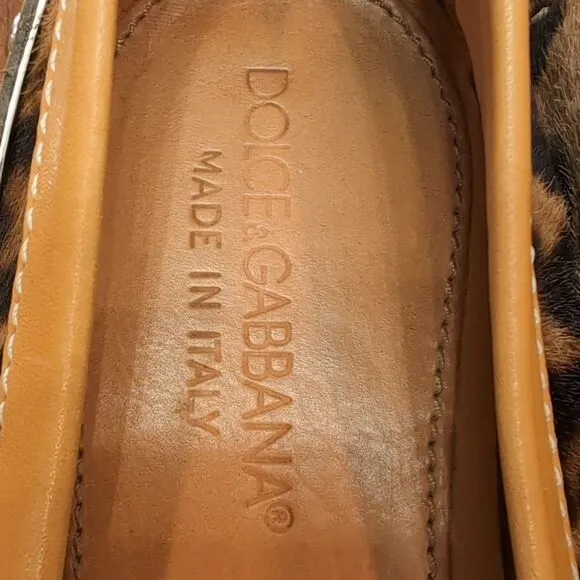 Dolce &amp; Gabbana Tan Leather Trim Animal Print Calf Hair Driving Loafers Sz 38.5