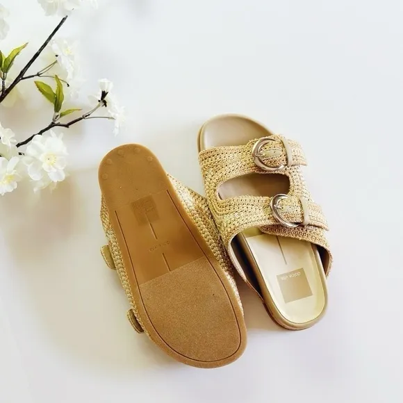 Dolce Vita Ralli Natural Multi Crochet Knit Buckle Slide Sandals