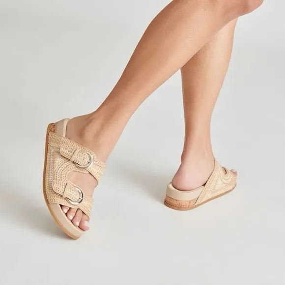 Dolce Vita Ralli Natural Multi Crochet Knit Buckle Slide Sandals
