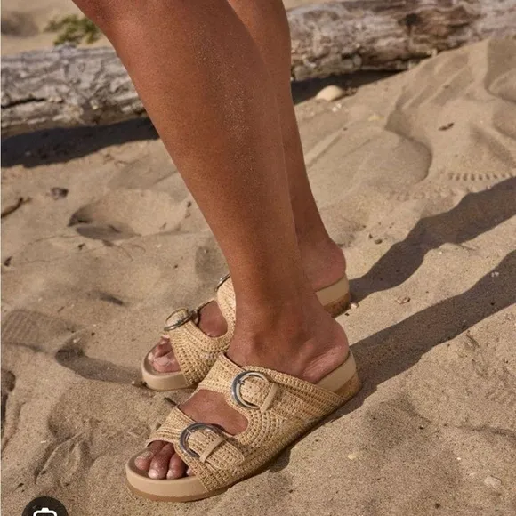 Dolce Vita Ralli Natural Multi Crochet Knit Buckle Slide Sandals