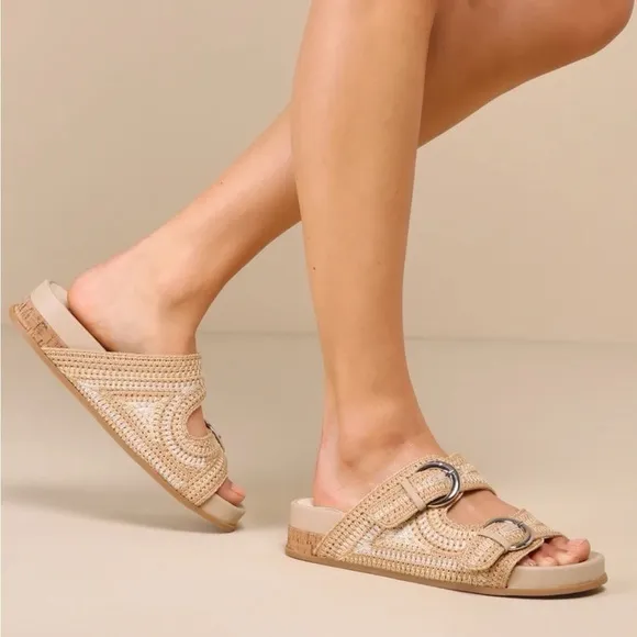 Dolce Vita Ralli Natural Multi Crochet Knit Buckle Slide Sandals