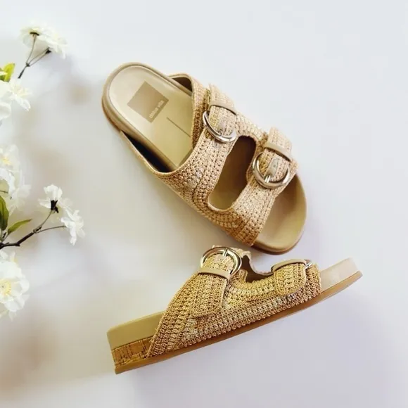 Dolce Vita Ralli Natural Multi Crochet Knit Buckle Slide Sandals