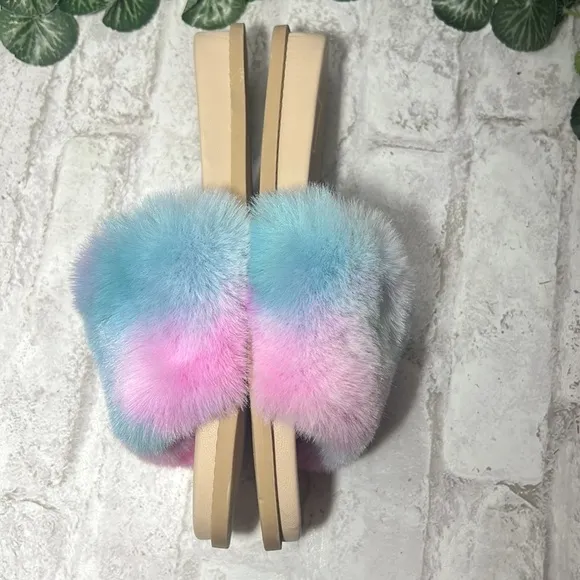 DOLCE Vita Slides/Sandals Women’s Size 8 Bright Cotton Candy Tie Dye Faux Fur
