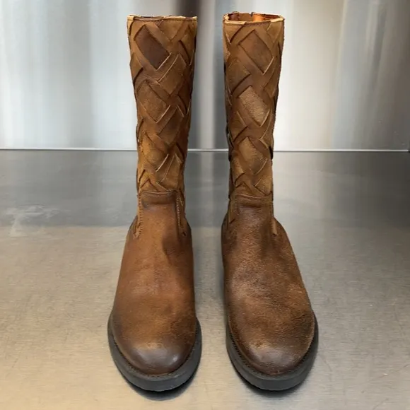 Dolcia rustic leather biker boots with woven leather shaft. NEW!