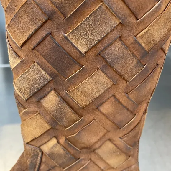 Dolcia rustic leather biker boots with woven leather shaft. NEW!