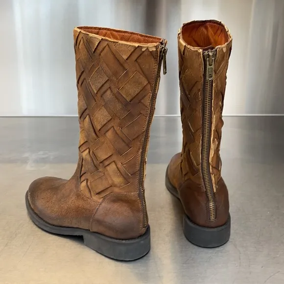 Dolcia rustic leather biker boots with woven leather shaft. NEW!
