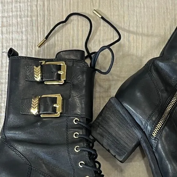 Donald J Pliner Black Leather Combat Boots Gold Buckles Zip Up Ankle Boots 8.5M‎
