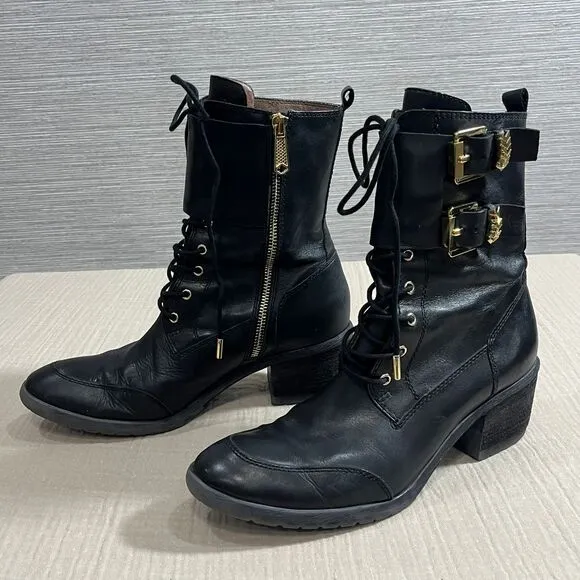 Donald J Pliner Black Leather Combat Boots Gold Buckles Zip Up Ankle Boots 8.5M‎