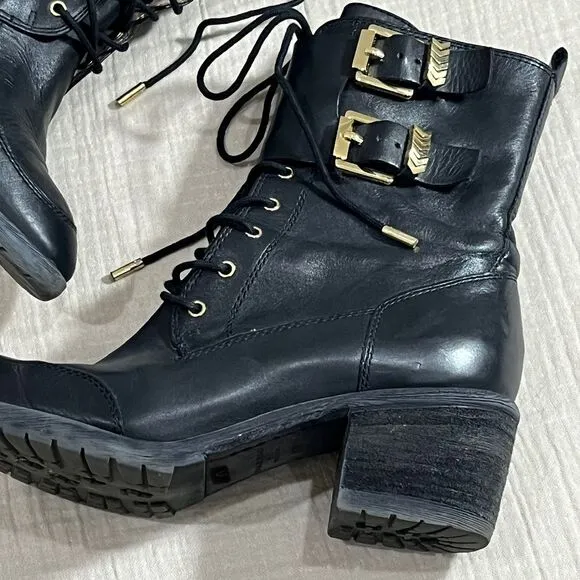 Donald J Pliner Black Leather Combat Boots Gold Buckles Zip Up Ankle Boots 8.5M‎