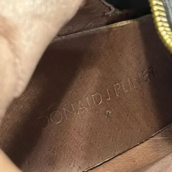 Donald J Pliner Black Leather Combat Boots Gold Buckles Zip Up Ankle Boots 8.5M‎