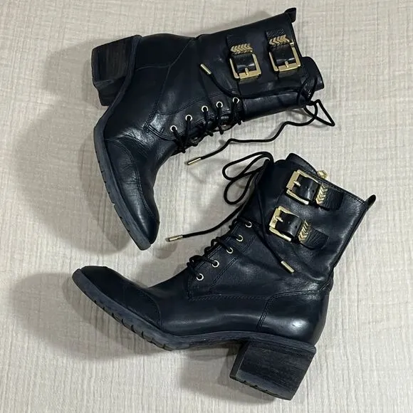 Donald J Pliner Black Leather Combat Boots Gold Buckles Zip Up Ankle Boots 8.5M‎