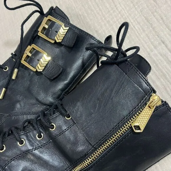 Donald J Pliner Black Leather Combat Boots Gold Buckles Zip Up Ankle Boots 8.5M‎