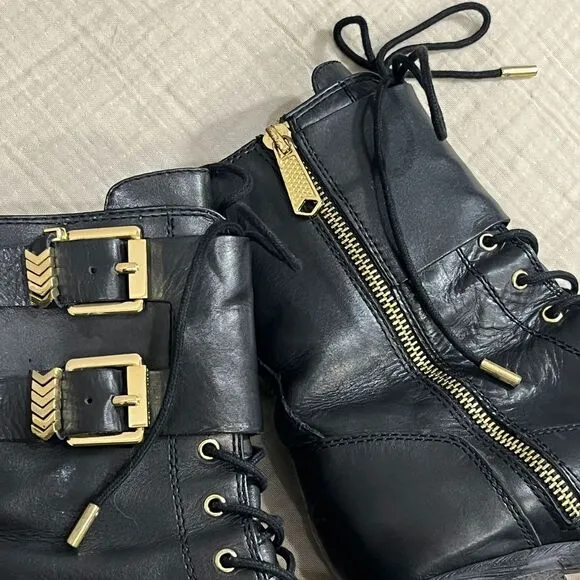 Donald J Pliner Black Leather Combat Boots Gold Buckles Zip Up Ankle Boots 8.5M‎