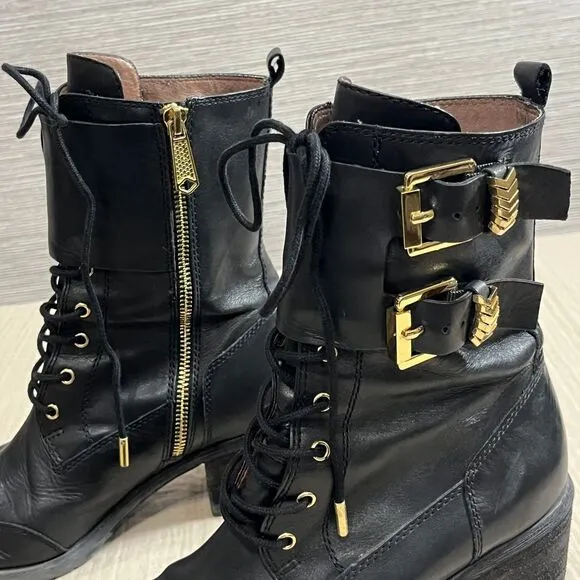 Donald J Pliner Black Leather Combat Boots Gold Buckles Zip Up Ankle Boots 8.5M‎