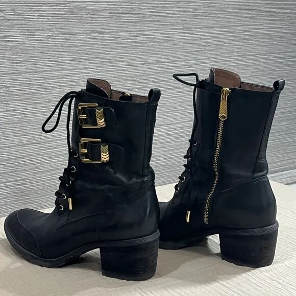 Donald J Pliner Black Leather Combat Boots Gold Buckles Zip Up Ankle Boots 8.5M‎