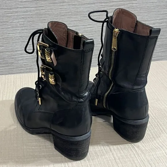 Donald J Pliner Black Leather Combat Boots Gold Buckles Zip Up Ankle Boots 8.5M‎