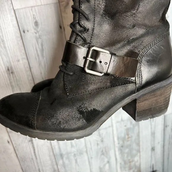 Donald J Pliner black leather distressed patch lace up tall Dnali boots size 8.5