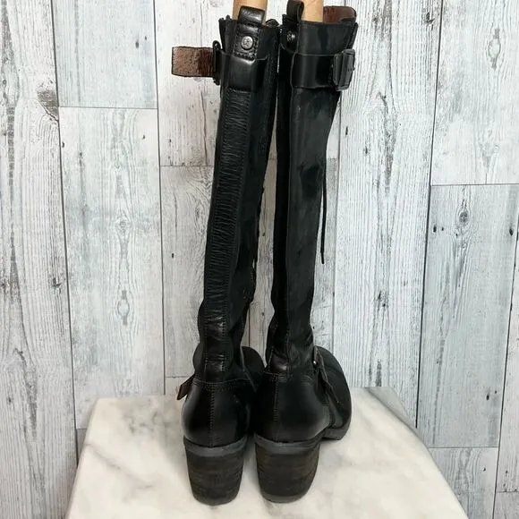 Donald J Pliner black leather distressed patch lace up tall Dnali boots size 8.5