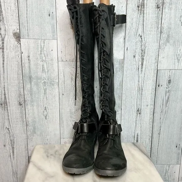 Donald J Pliner black leather distressed patch lace up tall Dnali boots size 8.5