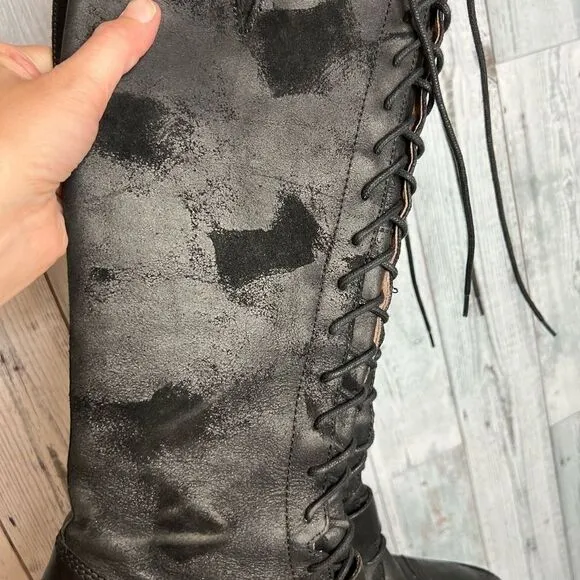 Donald J Pliner black leather distressed patch lace up tall Dnali boots size 8.5