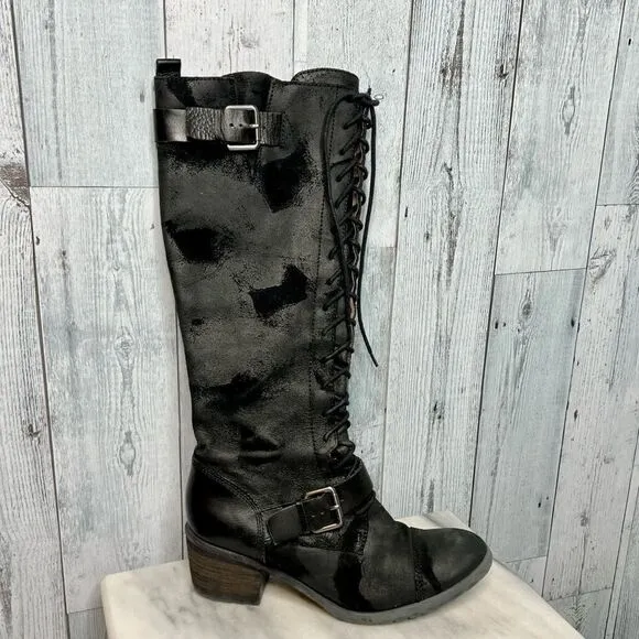 Donald J Pliner black leather distressed patch lace up tall Dnali boots size 8.5