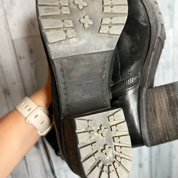 Donald J Pliner black leather distressed patch lace up tall Dnali boots size 8.5