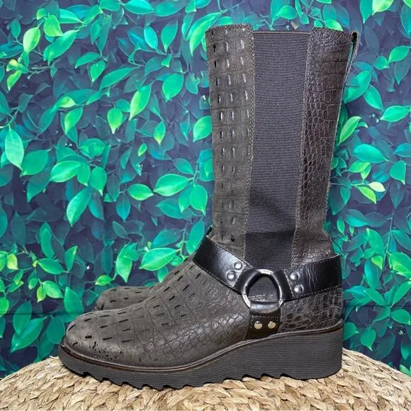 Donald j Pliner brown leather crocodile wedge mid calf boots hardy western