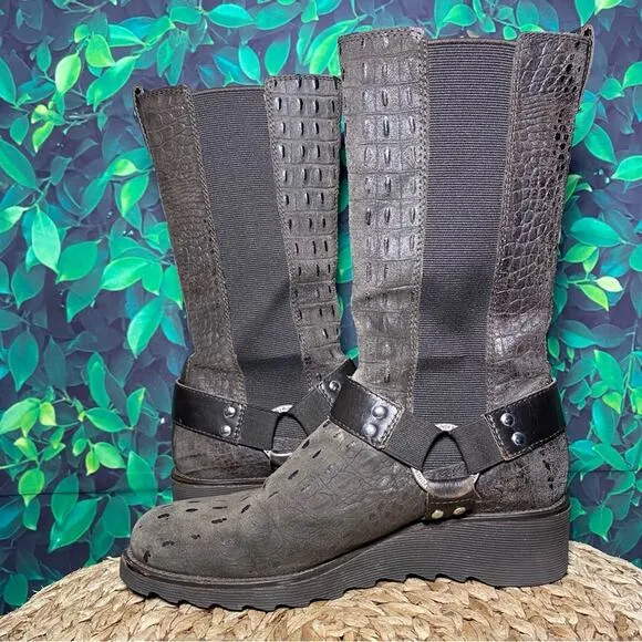 Donald j Pliner brown leather crocodile wedge mid calf boots hardy western