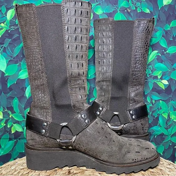 Donald j Pliner brown leather crocodile wedge mid calf boots hardy western