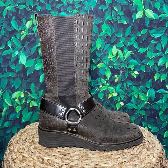 Donald j Pliner brown leather crocodile wedge mid calf boots hardy western