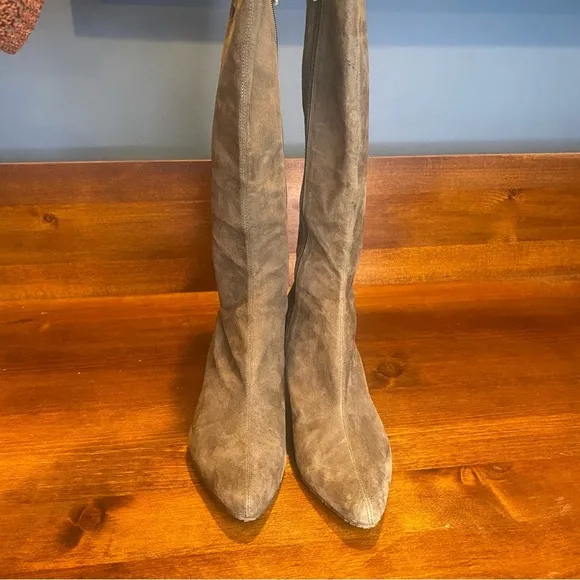 Donald J Pliner gray suede tall boots wedge heel purple butterfly embroidery 8.5