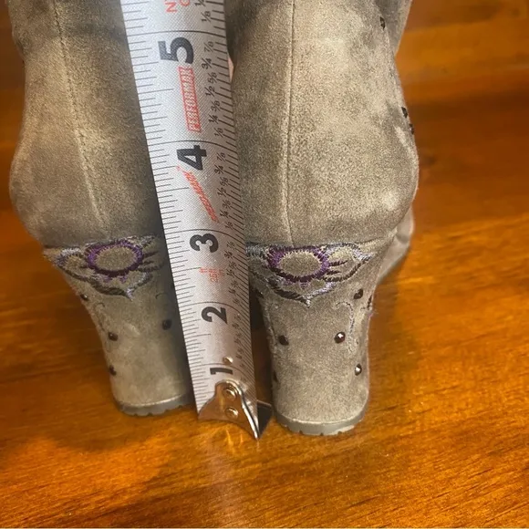 Donald J Pliner gray suede tall boots wedge heel purple butterfly embroidery 8.5