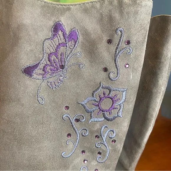 Donald J Pliner gray suede tall boots wedge heel purple butterfly embroidery 8.5
