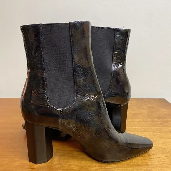 Donald Pliner Laila Black Patent Leather Chunky Heel Boots Iridescent Size 8.5