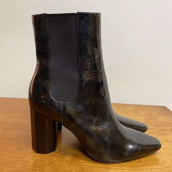Donald Pliner Laila Black Patent Leather Chunky Heel Boots Iridescent Size 8.5