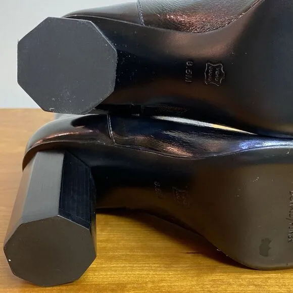 Donald Pliner Laila Black Patent Leather Chunky Heel Boots Iridescent Size 8.5