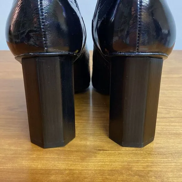 Donald Pliner Laila Black Patent Leather Chunky Heel Boots Iridescent Size 8.5