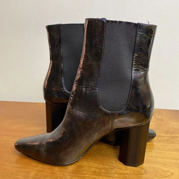 Donald Pliner Laila Black Patent Leather Chunky Heel Boots Iridescent Size 8.5