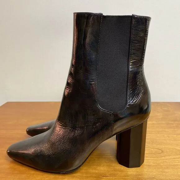 Donald Pliner Laila Black Patent Leather Chunky Heel Boots Iridescent Size 8.5