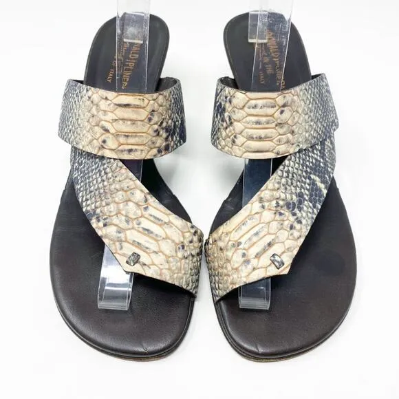 Donald Pliner Tan/Brown Snake Embossed Leather Kitten Heel Sandals Women's 10.5