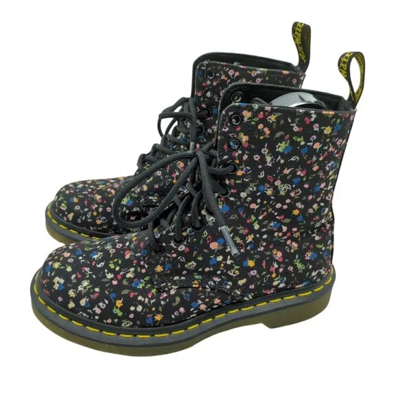 Dr. Martens Page Floral Fabric Black Combat Boots Women's 6 Chunky Platform