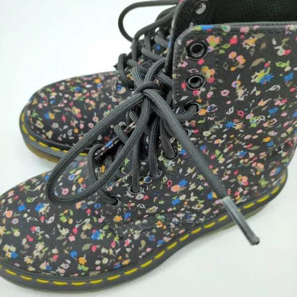 Dr. Martens Page Floral Fabric Black Combat Boots Women's 6 Chunky Platform