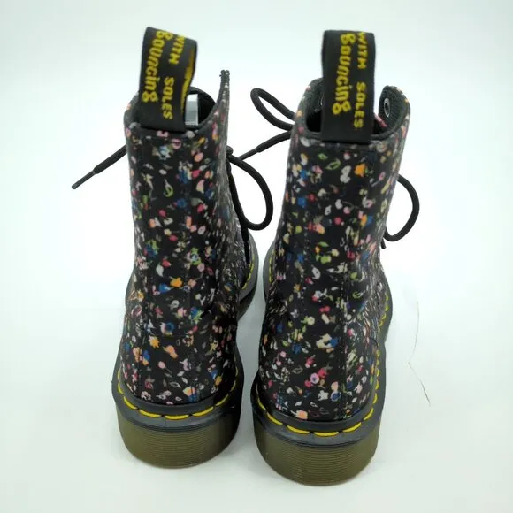 Dr. Martens Page Floral Fabric Black Combat Boots Women's 6 Chunky Platform