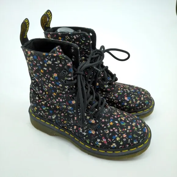 Dr. Martens Page Floral Fabric Black Combat Boots Women's 6 Chunky Platform