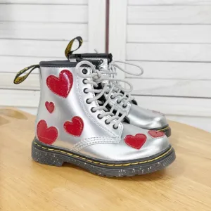Dr. Martens Toddler 1460 Glitter Hearts Patent Leather Lace Up Boots Silver 8
