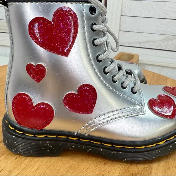 Dr. Martens Toddler 1460 Glitter Hearts Patent Leather Lace Up Boots Silver 8
