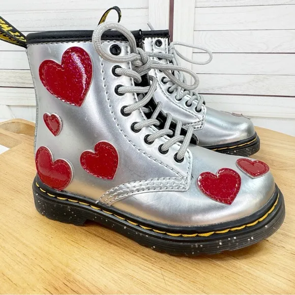 Dr. Martens Toddler 1460 Glitter Hearts Patent Leather Lace Up Boots Silver 8