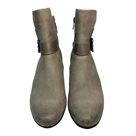 Ecco Booties Womens 5.5 Beige Chunky Heel Ankle Boots Nubuck Leather Buckle Zip